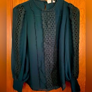 Joie longsleeve top. Embroidery details on bodice and sleeves. Turquoise. SizeXS